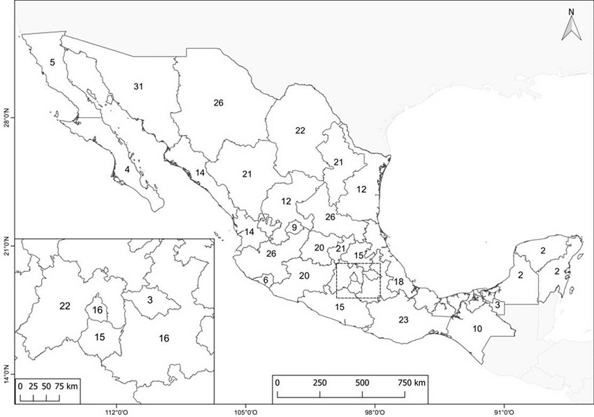Mapa de riqueza de especies de Asclepias L. por estado.