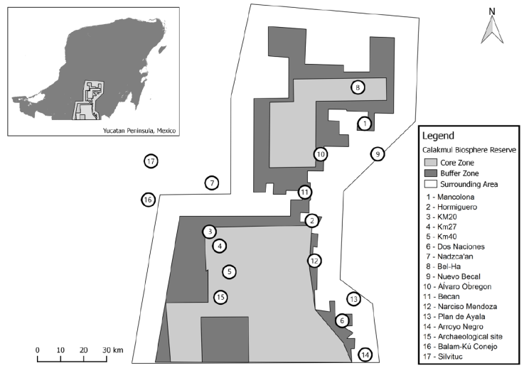 Location of Calakmul Biosphere Reserve within the southern Yucatán Peninsula in Mexico. Operation Wallacea’s annual survey sites are numerated from 1 to 6. All other localities represent opportunistic sightings or survey locations mentioned in previous literature (Calderón-Mandujano et al., 2003, 2010; Colston et al., 2015). Locations 7, 16 and 17 are located within Balam-Ku State Reserve.
