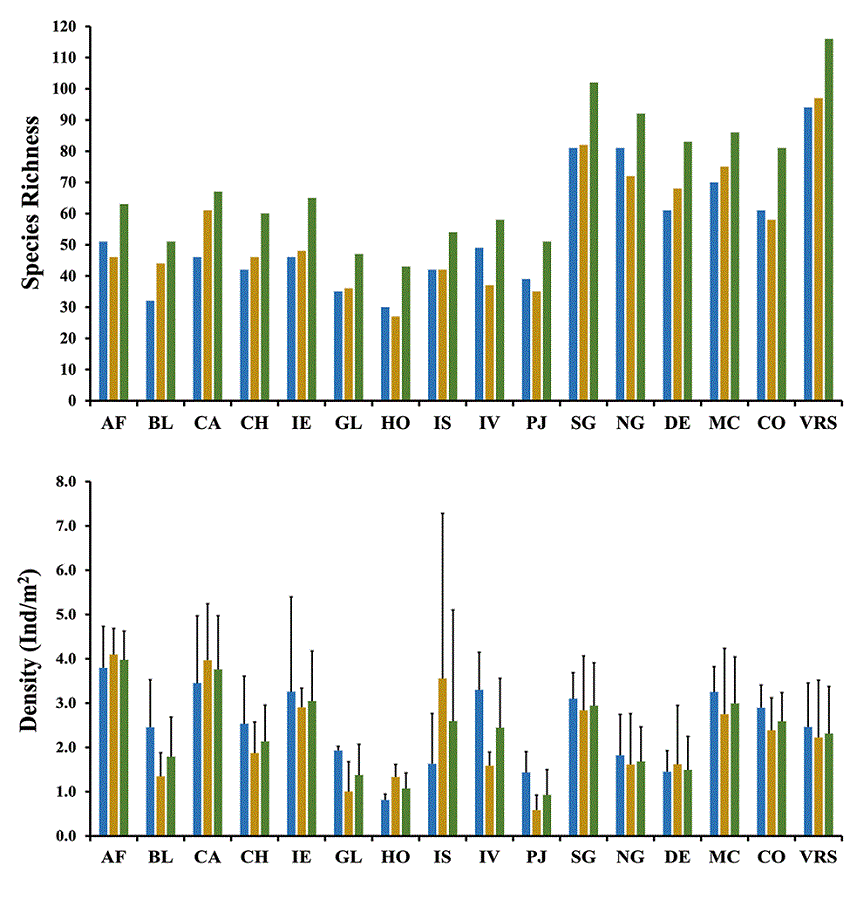 Reef fish species richness (above), and average density (below), by reefs and groups of reefs in the VRSNP. Rainy season (blue bars), dry season (brown bars), total (green bars). AF = Anegada de Afuera; BL = Blanca; CA = Cabezo; CH = Chopas; IE = Isla de Enmedio; GL = Galleguilla; HO = Hornos; IS = Isla de Sacrificios; IV = Isla Verde; PJ = P&aacute;jaros. SG = Southern group; NG = northern group; DE = degraded group; MC= moderately conserved group; CO = conserved group; VRS = Veracruz Reef System National Park.