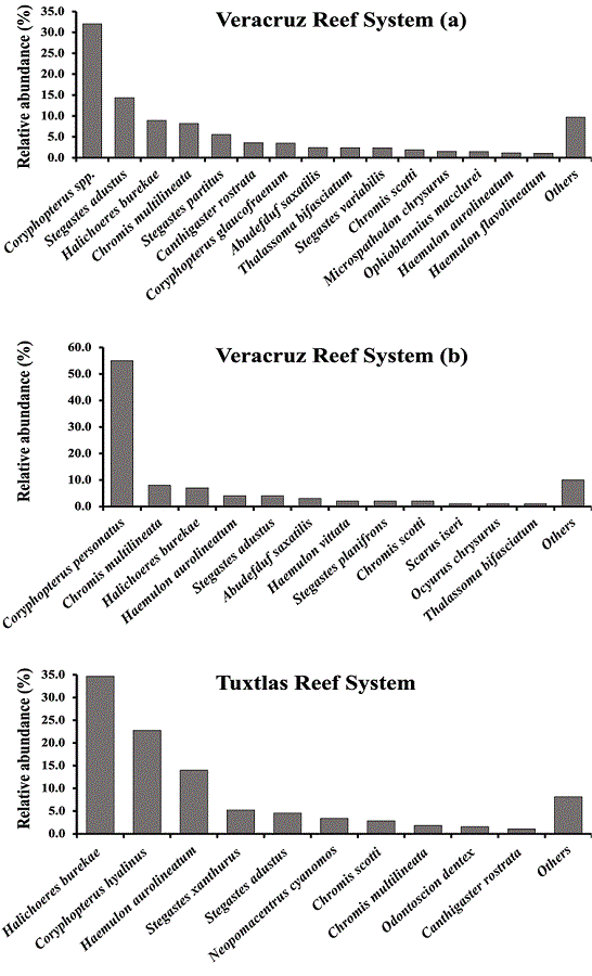 Reef fish community structure reported for the reef systems in the southwestern Gulf of Mexico. Sources: Veracruz Reef System: (a) Rangel-&Aacute;valos et al. (2008); (b) P&eacute;rez-Espa&ntilde;a et al. (2015). Tuxtlas Reef System: Gonz&aacute;lez-G&aacute;ndara (2020a, b).