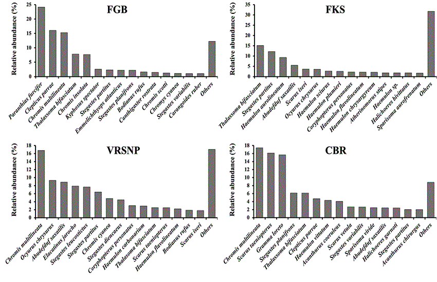 Relative abundance (%) of the he fifteen most abundant reef fish species at various coral reefs in the Gulf of Mexico. CBR = Campeche Bank Reef System (Ch&aacute;vez & Beaver, 2007). FGB = Flower Garden Banks Reef System (Buckel et al., 2014). FKS = Florida Keys Reef System (Bonhsack et al., 1999). VRSNP = Veracruz Reef System National Park (this study).