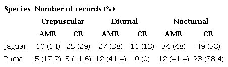Periods of activity for jaguar (Panthera onca) and puma (Puma concolor) recorded by camera trapping. Records of camera trapping at the Amolar Mountain Ridge (AMR) and a cattle ranch (CR), both located in the Brazilian Pantanal based on surveys carried out from 2016 to 2017.