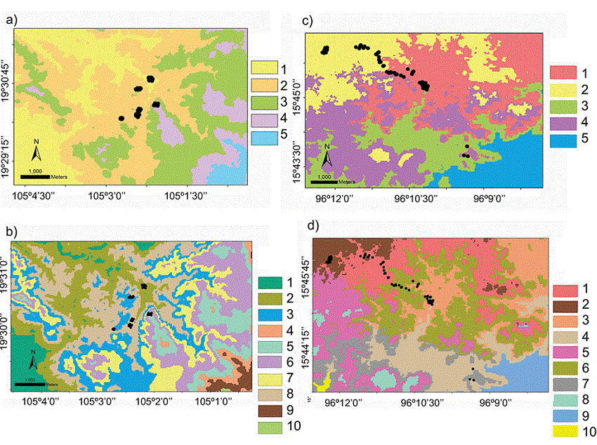 Geographical distribution of the environmental domains at the local scale for the Estaci&oacute;n Biol&oacute;gica Chamela (EBC) and the Parque Nacional Huatulco (PNH), of the 5 (a, c; numbered 1 to 5) and 10 classification (b, d; numbered 1 to 10) respectively, depicted by different shades of grey (colors in the online version). Black circles represent sampling localities for Heteromys pictus individuals from our fieldwork (Garrido-Gardu&ntilde;o et al., 2016).