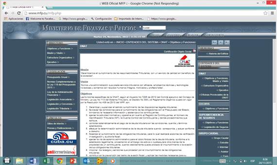 Sitio Web de un ministerio en Cuba y su agencia para la recaudaci&oacute;n de impuestos.