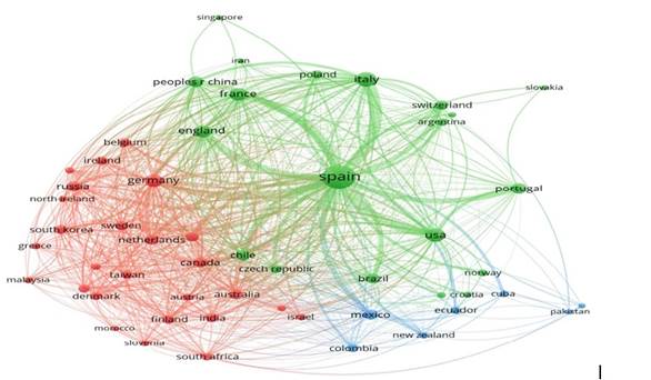 Mapeo de producci&oacute;n cient&iacute;fica sobre econom&iacute;a naranja por pa&iacute;ses. 