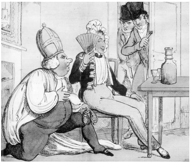 Caricatura del siglo XVII. Un supuesto matrimonio con un puto, en una casa de prostituci&oacute;n