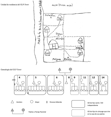 Representación de la unidad de residencia del Grupo Localizado de Parentezco (GLP) Tsetet y genealogía del Grupo con los Grupos Domésticos (GDs) independientes y miembros que lo integran. Comunidad Kotolté, Tenejapa, Chiapas.