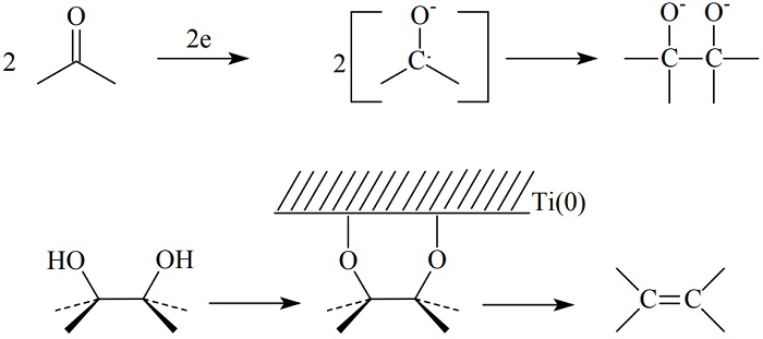 Carbonylic compound reduction
until pinacol by dimerization; conversion of pinacol into alkene by action of
titanium; titanium is responsible of de-oxygenation of pinacol by coordinating
of titanium with the diol substrate; oxygen atoms are freed from the diol and
attached to the titanium surface and thus the alkene is formed. Reviewed by W.
Carruthers [14]