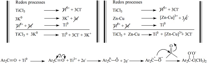 First step for any mechanism involving mixed carbonyl reductive coupling.
The diarylketone becomes a diradical carbonyl compound which is reduced by one
atom of Ti0 towards the obtaining of the pinacolate, the Ti(0)
species come from the redox processes [16]