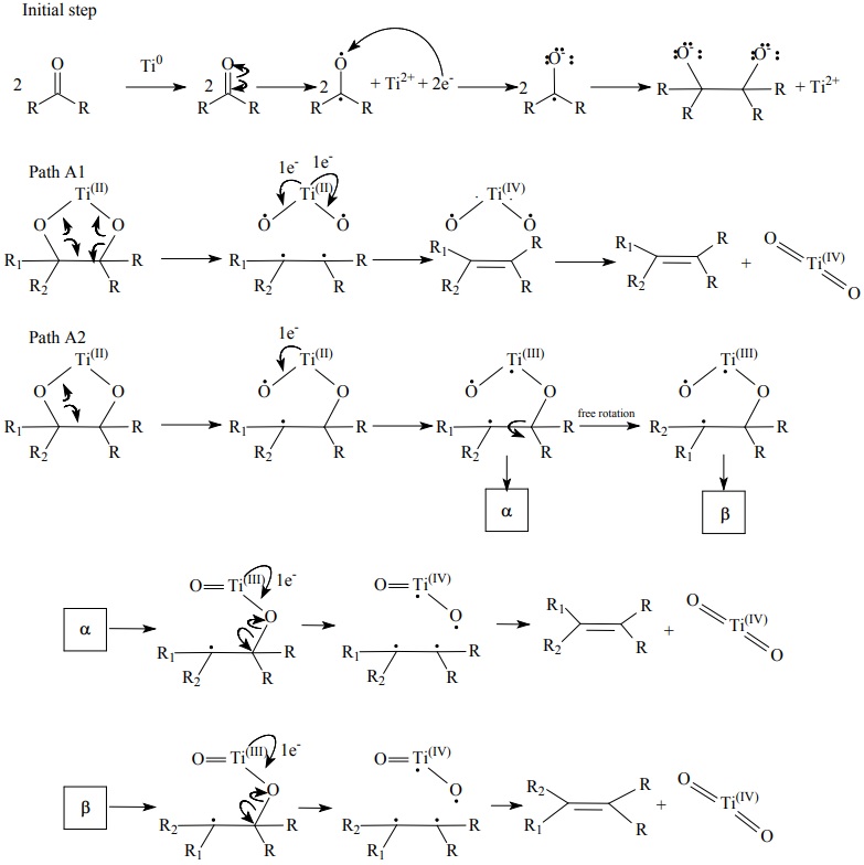 Four hypothetical mechanisms involving mixed carbonyl reductive coupling.
Paths A1 and A2 [16]