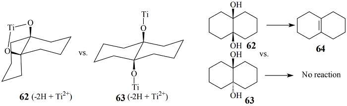 An experiment (reduction of cis-9,10-decalindiol into
1,2,3,4,5,6,7,8-octahydronaphtalene) demonstrating the concerted way of
deoxygenation in contrast with de non-concerted route, reducing of glycol into
alkenes, Path B, reproduced from [16]