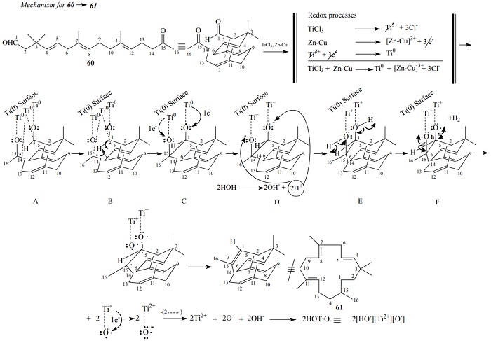  Synthesis of flexibilene [18], a naturally occurring 15-membered-ring
diterpene, 61, by titanium-induced intramolecular reductive coupling of 3,3,7,11-tetramethyl-15-oxohexadeca-4E,7B,11E-trienal (60); The cis diol disposition
doesn´t give the desired product but its geometric isomer, see Figure 12 for a
better result; reviewed by W. Carruthers [14]; mechanistic views proposals by
authors