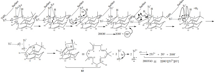 Synthesis of flexibilene [18], a naturally occurring 15-membered-ring
diterpene, 61, by titanium-induced intramolecular reductive coupling of 3,3,7,11-tetramethyl-15-oxohexadeca-4E,7B,11E-trienal (60); The trans diol disposition
gives the desired product 61; reviewed
by W. Carruthers [14]; mechanistic views proposals by authors