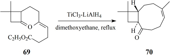 Synthesis of the isocaryophyllene 70, by titanium-induced
intramolecular reductive coupling of carbonyls; reviewed
by W. Carruthers [14]