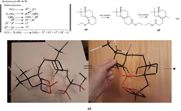 Synthesis of  isocaryophyllene 70,
by titanium-induced intramolecular reductive coupling of carbonyls; reviewed by W. Carruthers [14];
mechanistic views proposals by authors