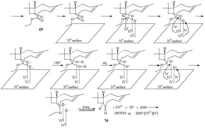 Synthesis of  isocaryophyllene 70,
by titanium-induced intramolecular reductive coupling of carbonyls; reviewed by W. Carruthers [14];
mechanistic views proposals by authors 

 
