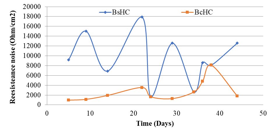 Resistance in noise (Rn) of the BsHC and BcHC samples tested in
saline solution.