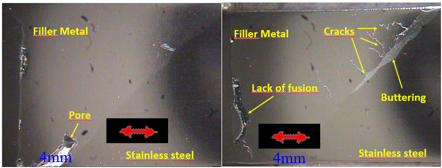 Samples at 7x magnification showing
cracks and lack of fusion of the dissimilar welded joints.