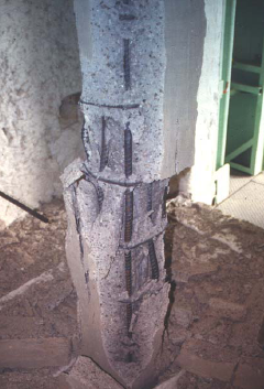Example of explosive spalling occurred in high strength concrete column fck = 83 MPa
