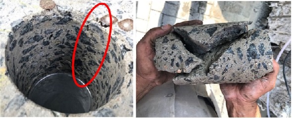 Visible cracks during extraction and decomposed core.