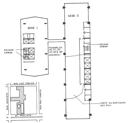 Schematic plan of the type pavement of CESP Sede I and Sede II buildings showing the sector that collapsed