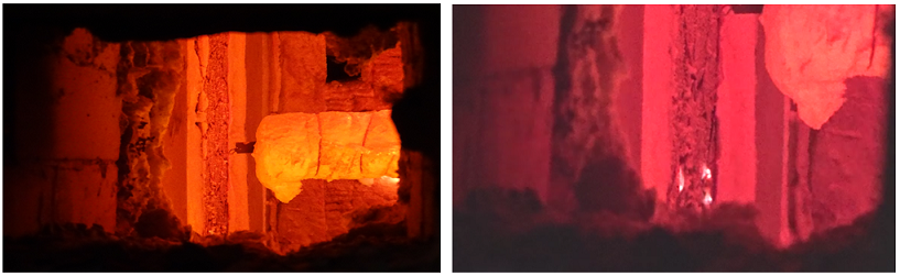 Detail of the “red-hot element” appearance of the intumescent paint-coated element (dark on the left) and small glowing spots on this same element (on the right).