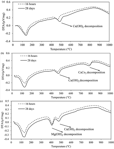 Effect of mixture design on DTA results of cement pastes at 16 hours and 28 days (a) 100% cement, (b) LF and (c) Mg