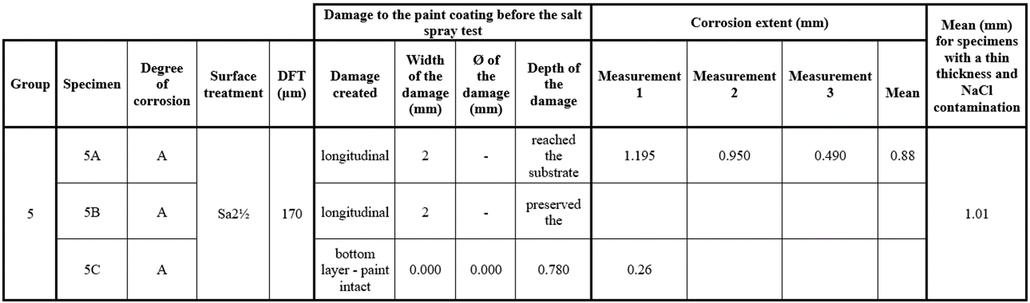 Corrosion in specimen with incomplete system and NaCl contamination