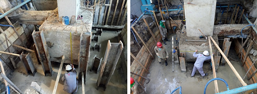 Detail of measurement dimensions of existing pile cap and of the steel piles, after excavation and execution of thin concrete.