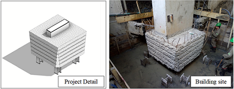 Detail of the surface treatment of pile cap. Detail of the project (left) and the situation &ldquo;building site&rdquo; (right).