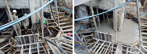 Detail of the concreting of reinforcement of pile cap, made with self-compacting concrete.