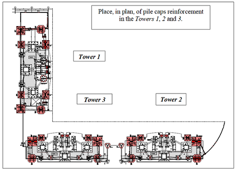 Location detail, in plan, of pile caps structural reinforcement in the residential towers.