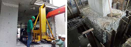 Detail of execution of spiking services (on the left) and of steel piles spiked around the pile cap to be reinforced (on the right).