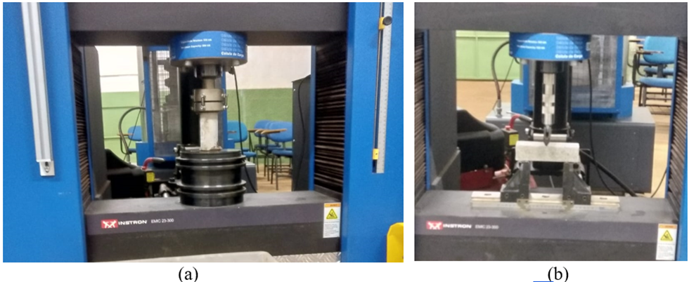 Photographic records of mortar specimen compressive strength (a) and flexural tensile strength (b) tests at 28 days.