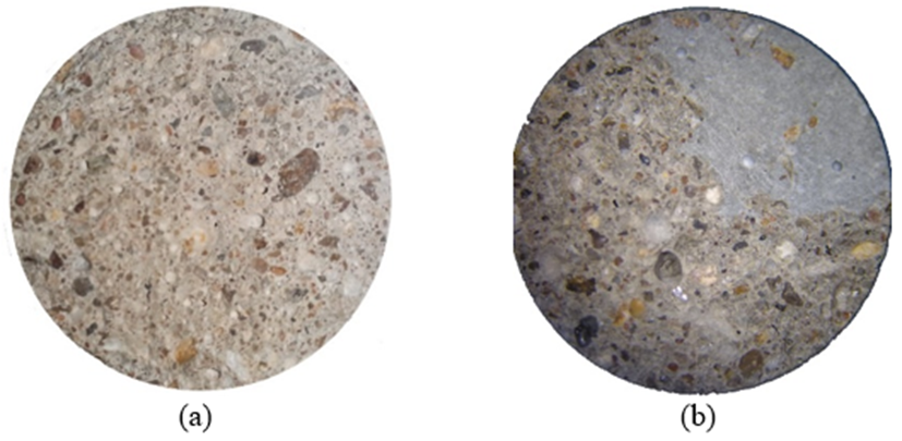 Microscopic image of the cross section of the specimen without the admixture (a) and containing 2% of the admixture (b), both after rupture at 28 days. Images under 35x magnification.