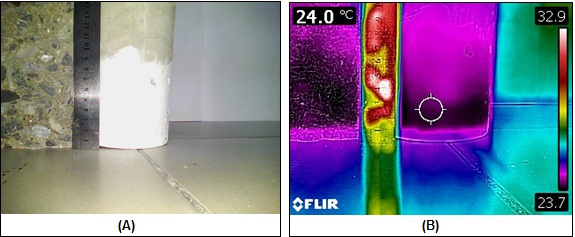 Thermographic image for the series with acrylic resin. A - Specimen after the diametrical compression test; B - Specimen during the thermography test.