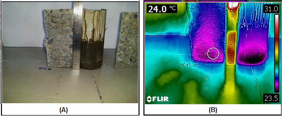 Thermographic image for the series with thermoplastic resin. A - Specimen after the diametrical compression test; B - Specimen during the thermography test.