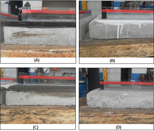 Waterproofing test result after 72 hours. A - Slab with asphalt emulsion; B - Slab with acrylic membrane; C - Slab with thermoplastic resin; D - Reference slab.
