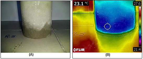 Thermographic image for the reference series. A - Specimen after the diametrical compression test; B - Specimen during the thermography test.