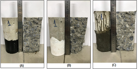 Specimens of the waterproofed series after the diametrical compression test. A - Sample with asphalt emulsion; B - Sample with acrylic resin; C - Sample with thermoplastic resin.