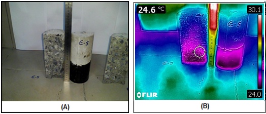 Thermographic image for the series with asphalt emulsion. A - Specimen after the diametrical compression test; B - Specimen during the thermography test.