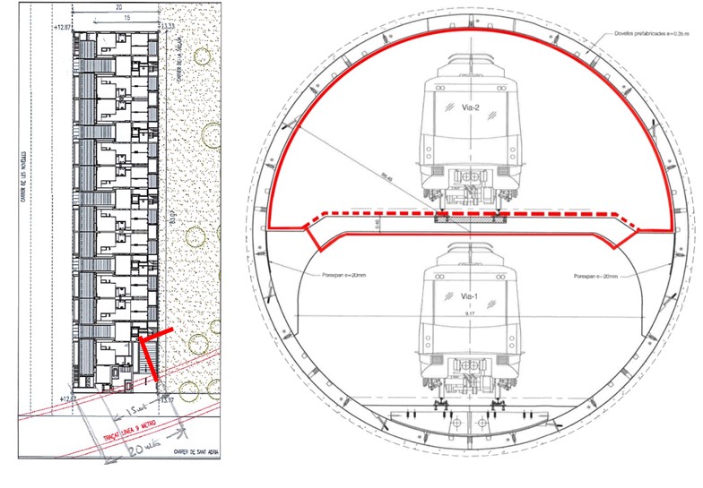 Detail floor of the building in relation to the subway tunnel and section of the optical fiber layout.