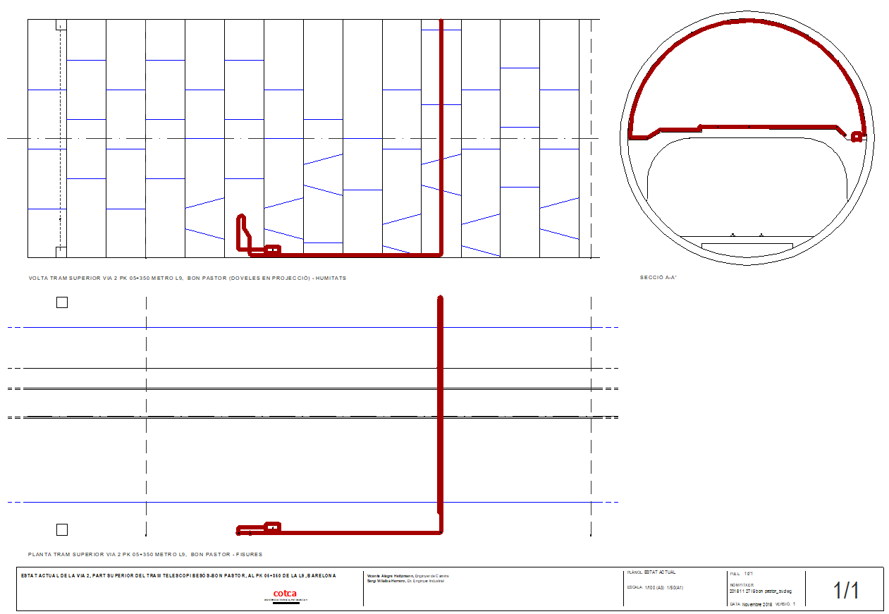 General tunnel scheme. Elevation and plant. The red line indicates the path of the optical fiber.