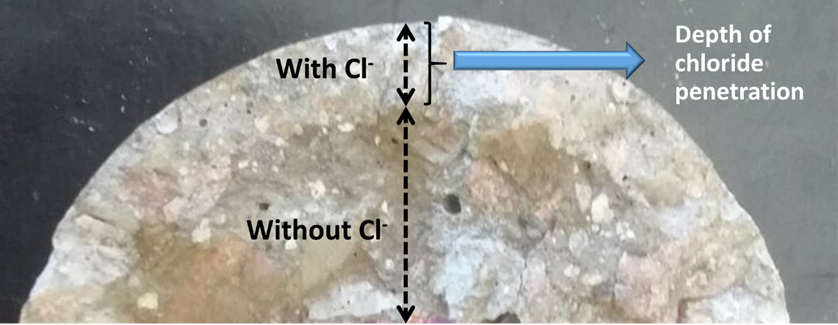 Chloride penetration depth measurement by visual colorimetric method by spraying an aqueous solution of 0.1 M AgNO3.