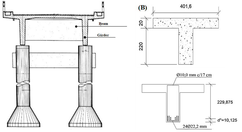 (A) Bridge&rsquo;s cross section over the Chapec� River; (B) Cross section, in centimeters, of the investigated section of the girder