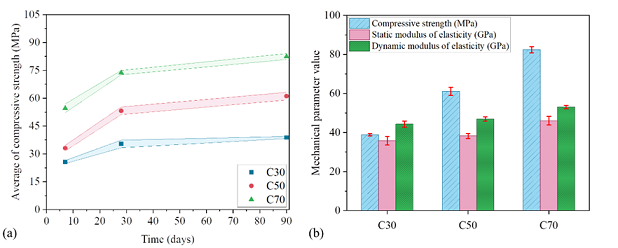 Mean and deviations of (a) compressive strength at 7, 28 and 90 days, and (b) compressive strength, static and dynamic modulus of elasticity at 90 days.