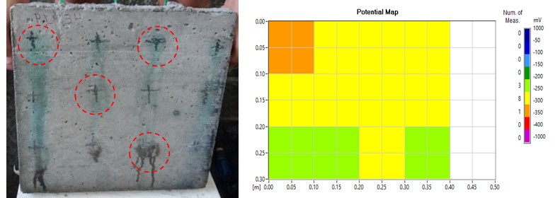 (a) Effects of surface degradation on the concrete slabs; (b) Map of corrosion potential (mild effects).