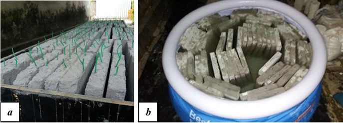 (a) Cast concrete specimens; (b) Concrete slabs in NaCl solution for induction of chloride ions.