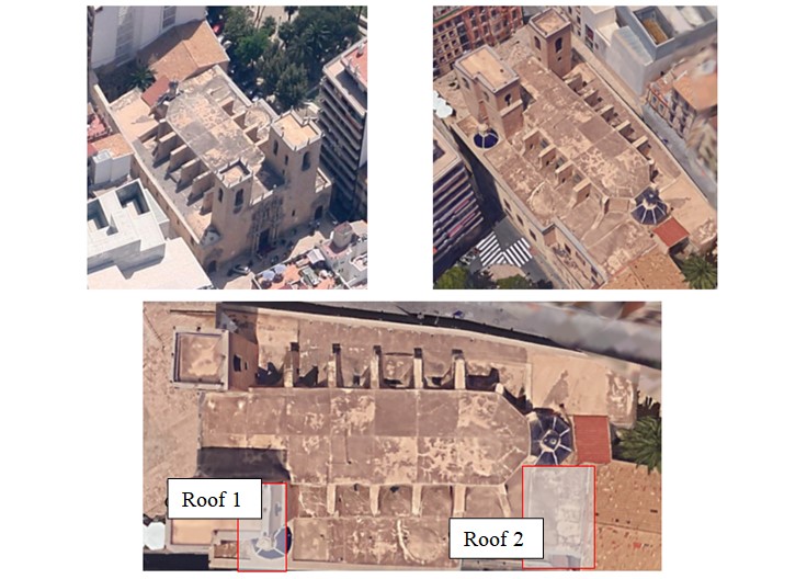 Aerial view of the Basilica of Santa Mar�a, Alicante. Sup. left: northwest facade. Sup right: Southeast facade. Below: Plan view of the Basilica of Santa Maria. Alicante. Identification of study roofs. Source: Images �2016 Google, Map data �2016 Google, Inst. Geogr. Nacional.