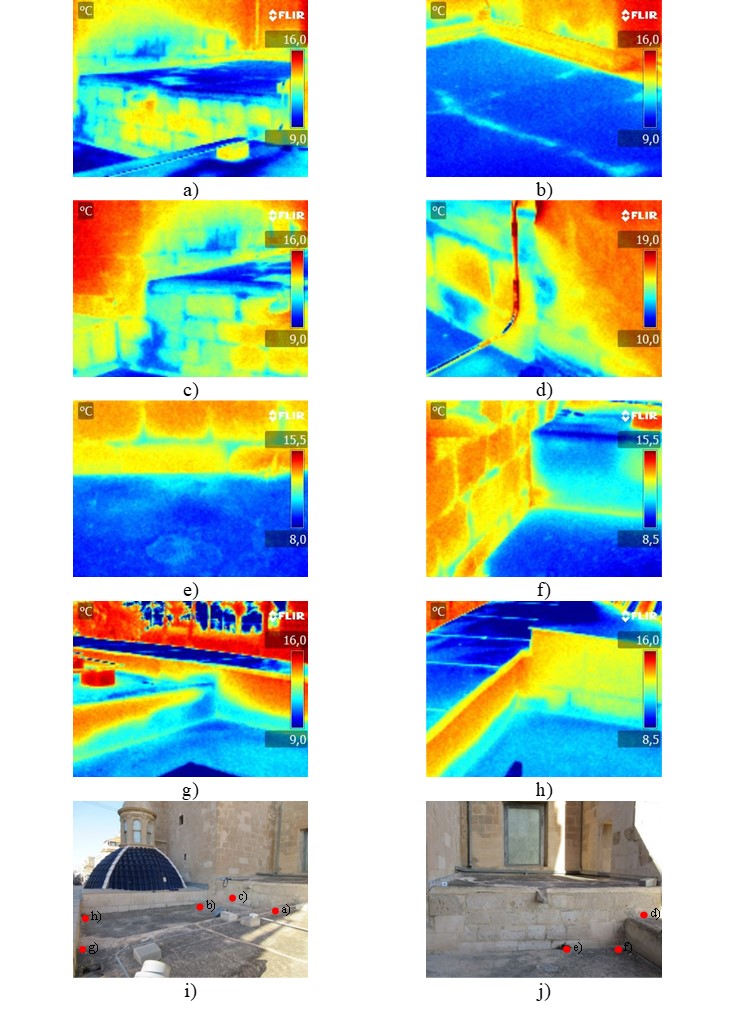 Thermography of roof 1: a) General view of the upper area, b) Detail of the installations gutter, c) Moisture in vertical facing and corner of parapet, filtration through masonry joints, d) Lack of watertightness in parapet and buttress, e) Lower skirt and vertical facing, f) Lateral connection of parapet skirt, g) and h) Capillarity, i) and j) location of the thermographs. The red dots indicate the location of the thermography in the associated image.